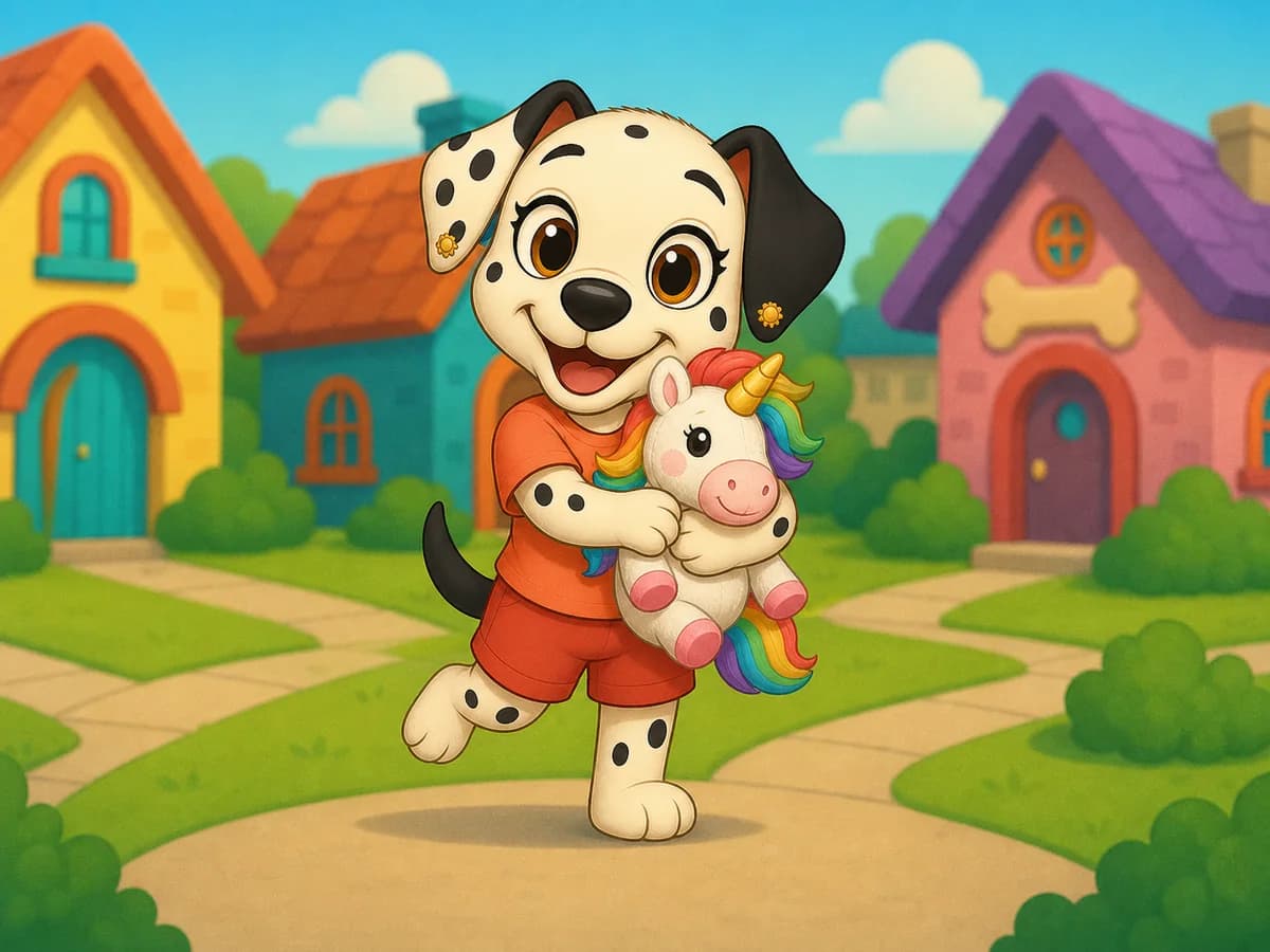 Avery, a joyful young Dalmatian puppy with golden sunshine ear studs, hugging her Rainbow Sparkle unicorn toy
