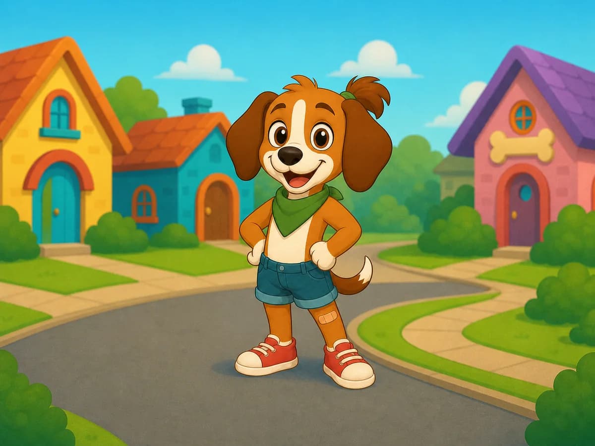 Charli, a brown-and-white beagle puppy in a green bandana and red sneakers, ready for a neighborhood adventure
