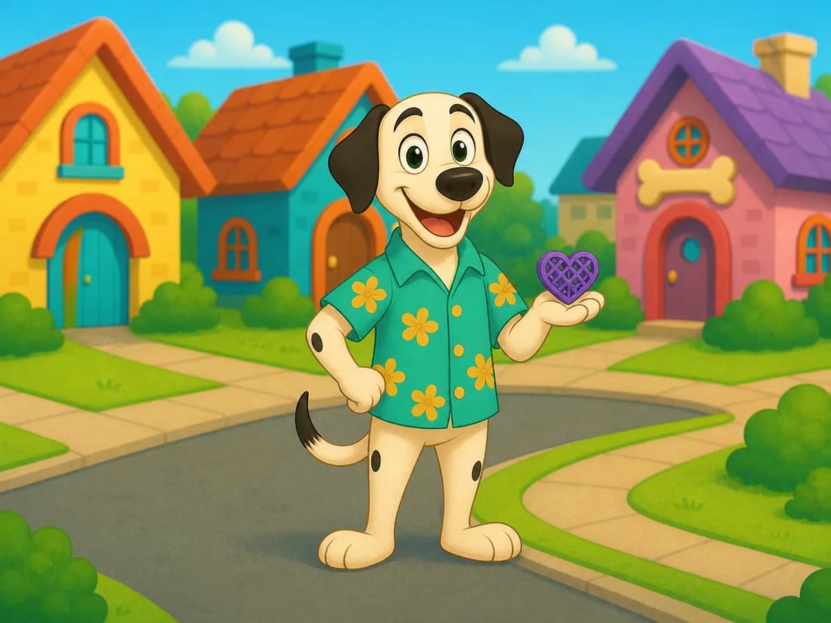 Dad, an adult Dalmatian in a teal floral Hawaiian shirt, holding a purple 3D-printed heart