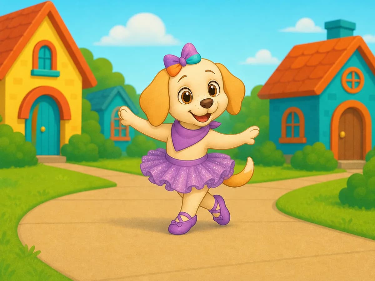 Daisy, a golden retriever puppy with a colorful bow and sparkly tutu, dancing in the neighborhood