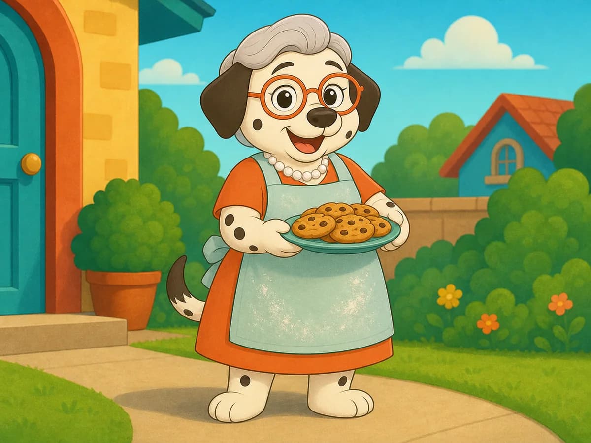 Grandma Rose, an older Dalmatian in pearls and a pale blue apron, carrying a plate of cookies