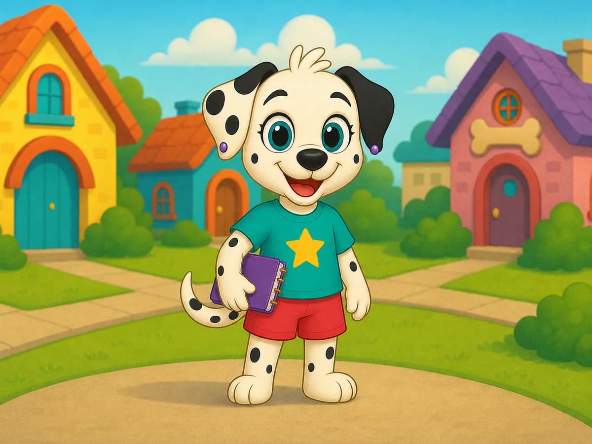 Lilly, a Dalmatian puppy in her teal star shirt, holding her purple planning notebook in the neighborhood