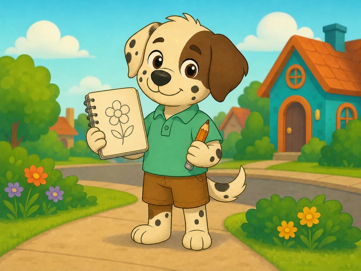 Max, a chocolate-patched Labrador–Dalmatian mix puppy in a green polo, holding up his flower sketch
