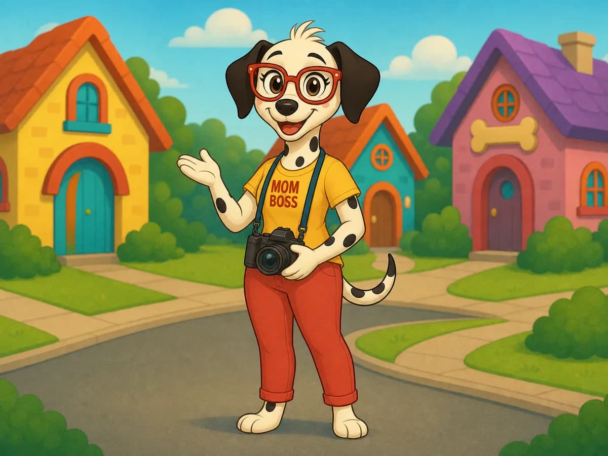 Mom, an adult Dalmatian with red-rimmed glasses, wearing a yellow camera shirt and holding her camera