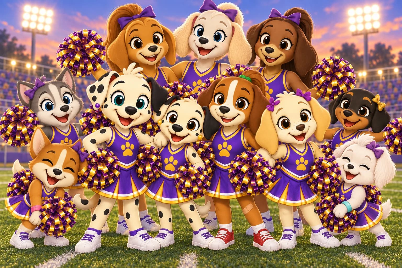Lilly, Avery, and their friends with the cheer squad under the stadium lights